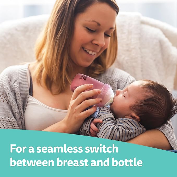 Herobility Glass Baby Bottle - 11 fl oz/320 ml - 3 Pack | Heat Sensing Color-Changing Bottle with Double Anti-Colic Nipple - Silicone Coating - Breastlike Nipples for Newborn Babies - Rose Color