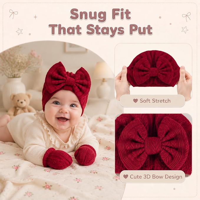 8 Sets Newborn Baby Girl Bow Hats and Mittens Turban Beanies 0-3M | Cotton - Image 4