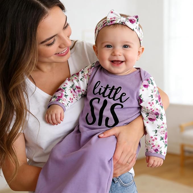 AMAWMW Newborn Baby Girl Little Sister Sleeper Gown Stripe Long Sleeve - Image 3