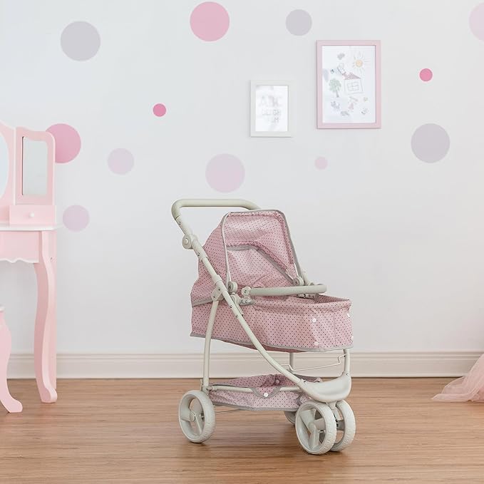Olivia's Little World 2-in-1 Convertible Baby Doll Stroller with Retractable Canopy, All-Terrain Wheels, and Adjustable Handle, Cream and Pink with Gray Polka Dots