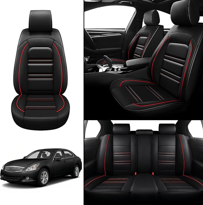 Seat Covers for Infiniti g37 2008-2013 | 5-Seats Leather Seat Covers, Easy to Install Automotive Seat Covers Full Set (Full Set, Black&Red Line)