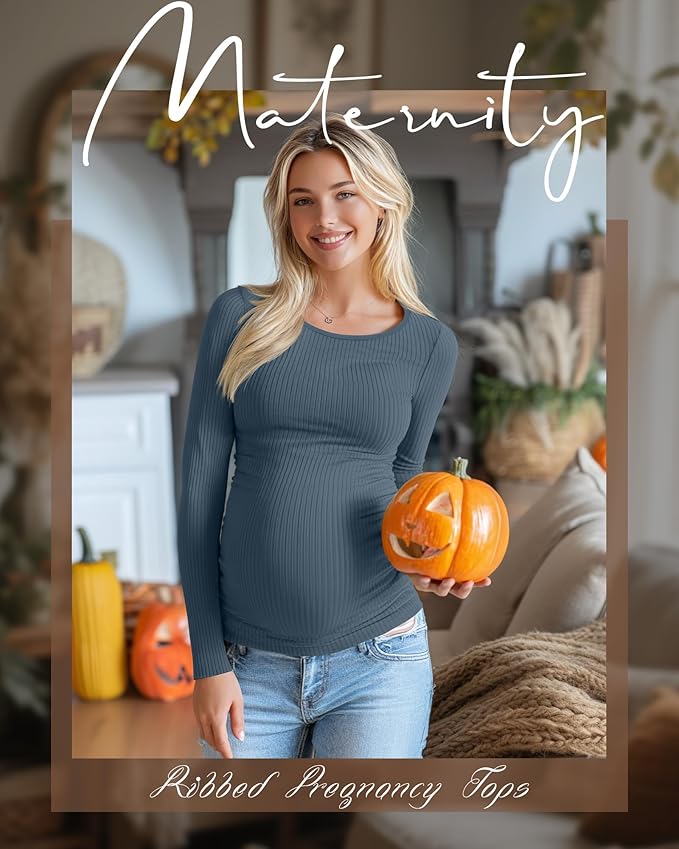 Huukeay 4 Pack Women's Maternity Shirts, Long Sleeve Cotton Ribbed Pregnancy Tops Side Ruched Crew Neck Casual Mama Clothes