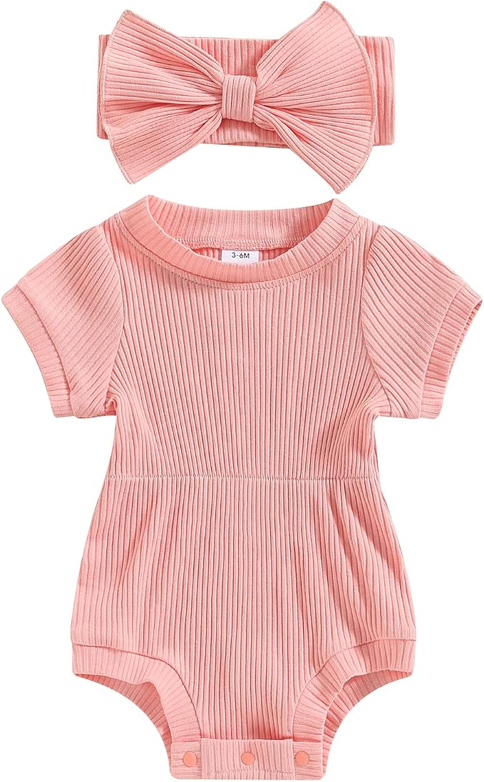 FOCUSNORM Baby Girl Summer Clothes Ribbed Short Sleeve Romper Solid Color by FOCUSNORM