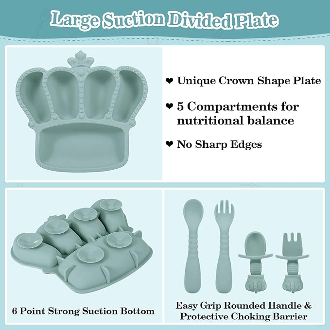 Silicone Baby Feeding Set 10 Pcs Baby Led Weaning Supplies Suction Bowl Divided Plate Baby Bibs Fruit feeder Pacifier Baby Spoons Forks Sippy Cup Utensil Sets Baby Essentials for Newborn Grey Blue