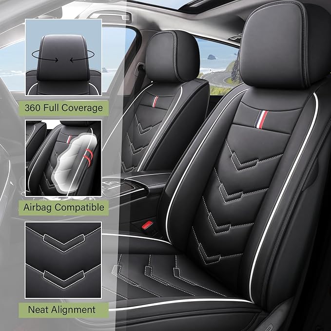 Leather Car Seat Covers Fit for LR LR4 2009-2016, 5 Seater Waterproof and Wear-Resistant Seat Cover Interior Accessories(Full Set,Black&White)
