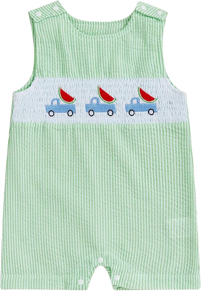 Newborn Baby Boys Sleeveless Seersucker Romper One Piece Straps Overalls by Arvbitana