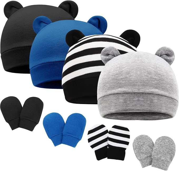 Newborn Baby Hat and Mittens Set Bear Ears Toddler Infant Beanie Caps Newborn by AQOKKA