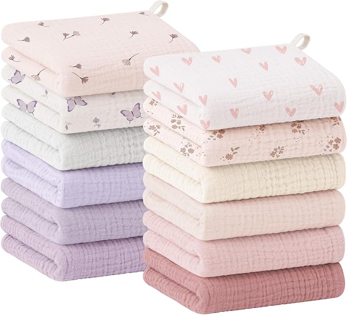 Bearmoss 12 Pack Baby Muslin Washcloths, 100% Cotton 10"x10" Face Towels by Bearmoss