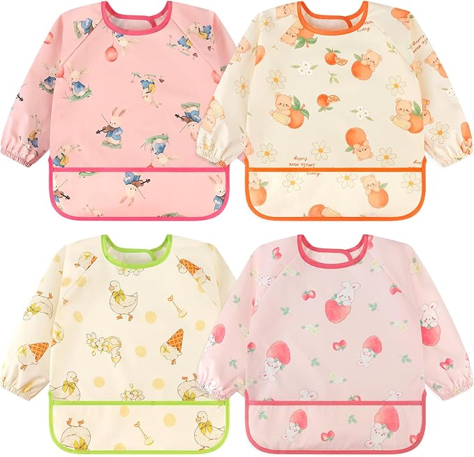 Accmor 4 Pack Long Sleeve Bibs, Baby Smock Waterproof Full Sleeved Bib by Accmor