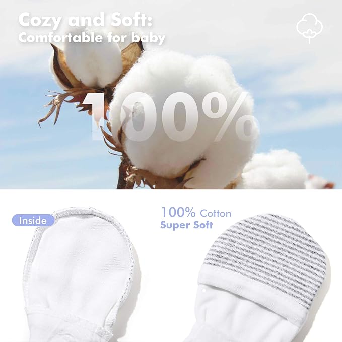 Baby Newborn No Scratch Mittens Stay On, 100% Cotton Adjustable 0-12M | Soft - Image 5