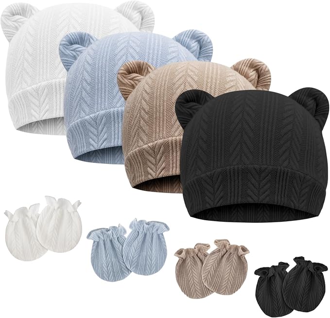 Newborn Baby Hat and Mittens Set Bear Ears Toddler Infant Beanie Caps Newborn by AQOKKA