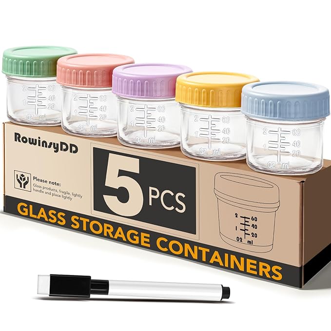 5 Pack Glass Baby Food Storage Containers, 4 oz Leakproof Baby Food Jars with Lids, Small Glass Food Containers for Infant Baby, Freezer & Microwave Safe, BPA Free