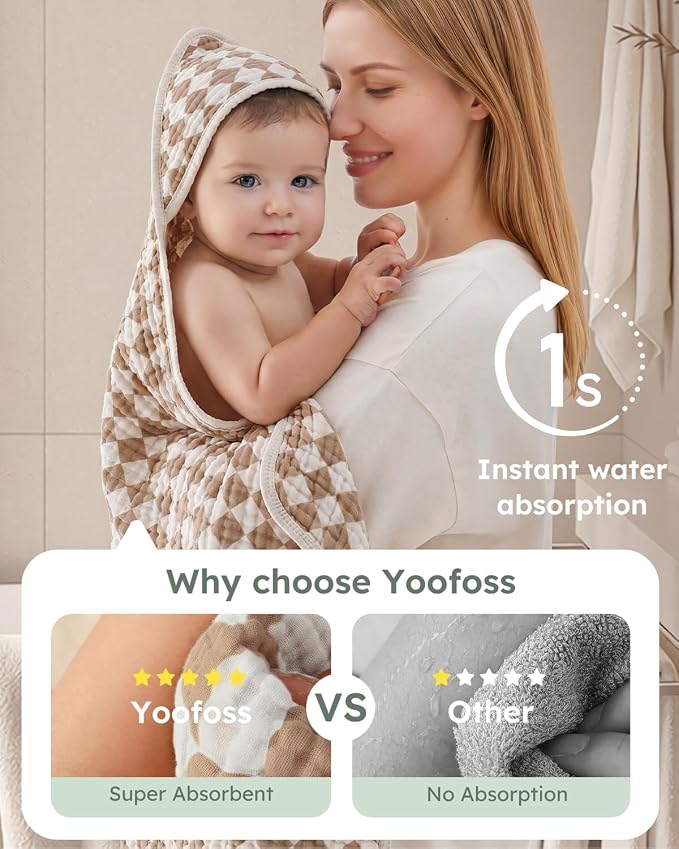 Yoofoss Hooded Baby Bath Towels 2 Pack 100% Muslin Organic Cotton - Image 2