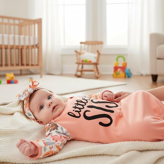 AMAWMW Newborn Baby Girl Little Sister Sleeper Gown Stripe Long Sleeve - Image 3