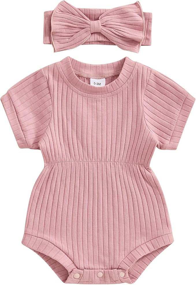 FOCUSNORM Baby Girl Summer Clothes Ribbed Short Sleeve Romper Solid Color by FOCUSNORM