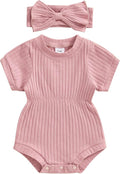 FOCUSNORM Baby Girl Summer Clothes Ribbed Short Sleeve Romper Solid Color by FOCUSNORM