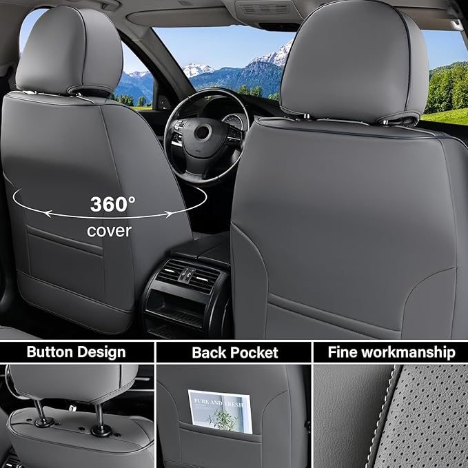 Coverado Universal Seat Covers Full Set, 5 Seats Universal Seat Covers for Cars, Waterproof Nappa Leather Car Seat Covers with Head Pillow, Auto Protectors Fit for Most Sedans SUV Pick-up Truck-Gray