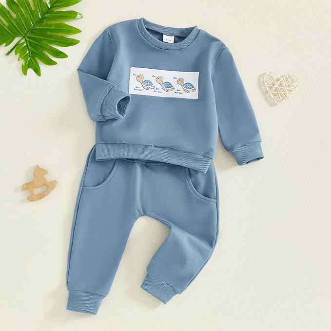 Nyapruwe Toddler Baby Boy Fall Outfit Funny Print Long Sleeve Sweatshirt Joggers Pants Set Kids Warm Winter Clothes