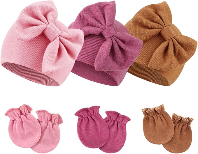 BQUBO Newborn Girls Hats Baby Hat and Mittens Set Infant Caps Bow Hospital by DRESHOW