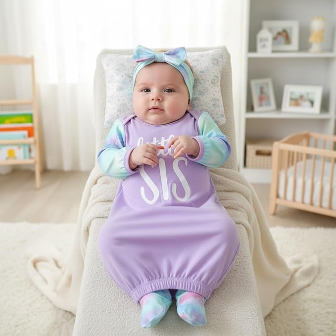 AMAWMW Newborn Baby Girl Little Sister Sleeper Gown Stripe Long Sleeve - Image 3