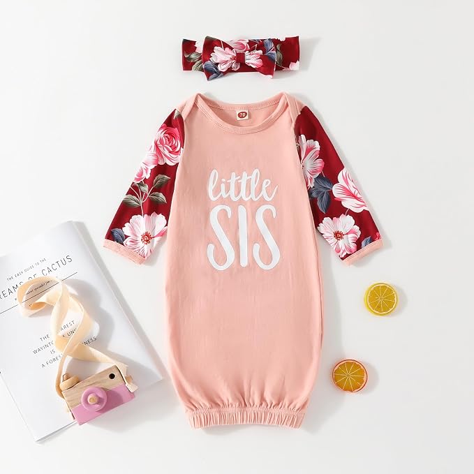 AMAWMW Newborn Baby Girl Little Sister Sleeper Gown Stripe Long Sleeve - Image 5