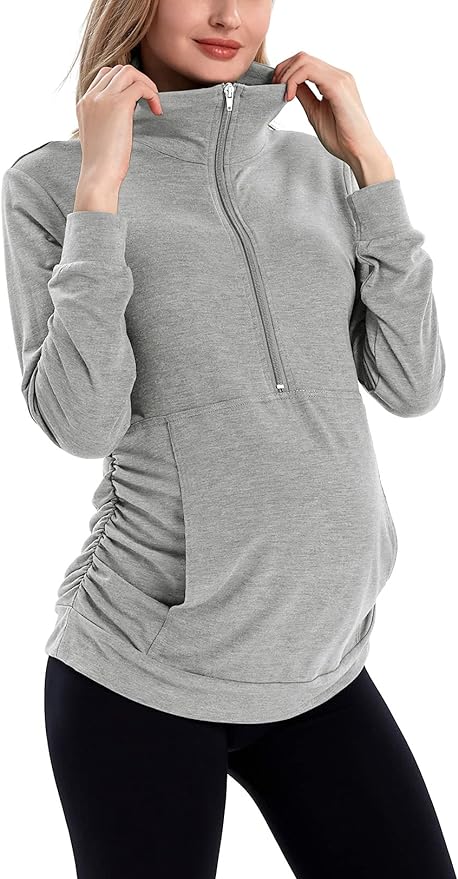 GINKANA Maternity Women's Long Sleeve Shirt Half Zipper Lapel Lightweight Casual Maternity Pullover with Pockets