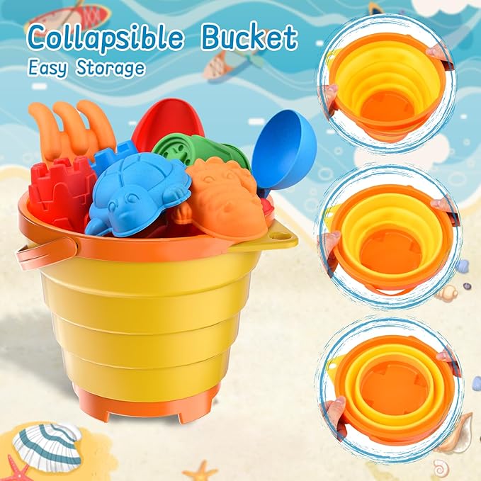 Beach Toys Set for Kids, Collapsible Sand Bucket and Shovels Set with Watering Can,Mesh Bag, Ice Cream &Animal Sand Molds,Travel Beach Toys for Toddler Boys Girls Age 3 4 5 6 7 8+