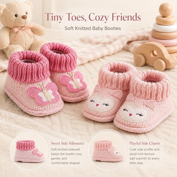 2 Pairs Baby Booties Newborn First Walkers Cozy Shoes Warm Knit Soft Booties - Image 4