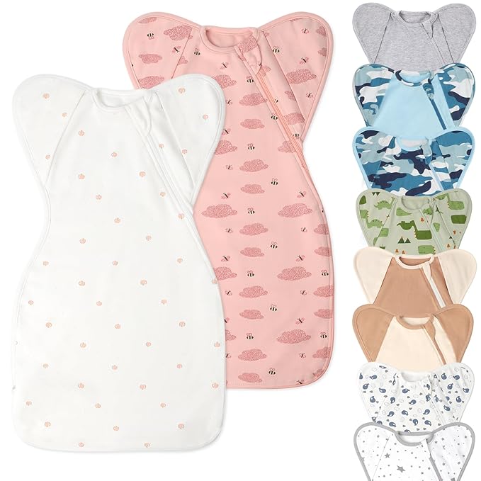 Premium Soft Cotton Swaddle Blanket Sleep Sack Arms Up Design 2 Packs 3-6 Months, Hands Up 3-Way Transitions to Arms-Free Wearable Sleeping Sack Bag for Baby Boys Girls Snug Fit Calms Startle Reflex