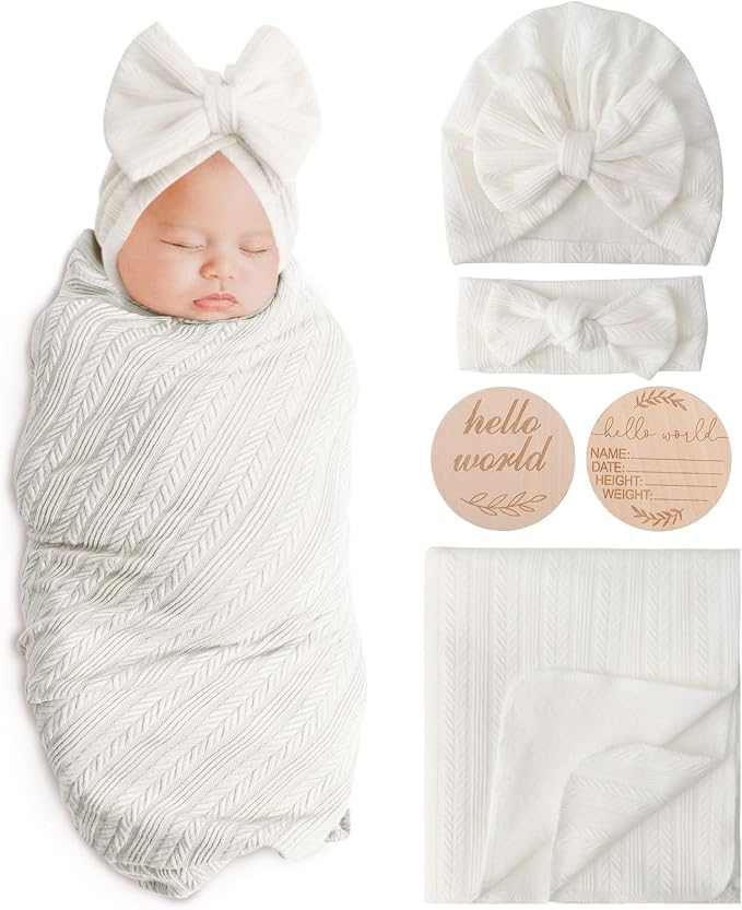AQOKKA Newborn Receiving Blanket Wheat Ear Bow Hat Hairband Set by AQOKKA