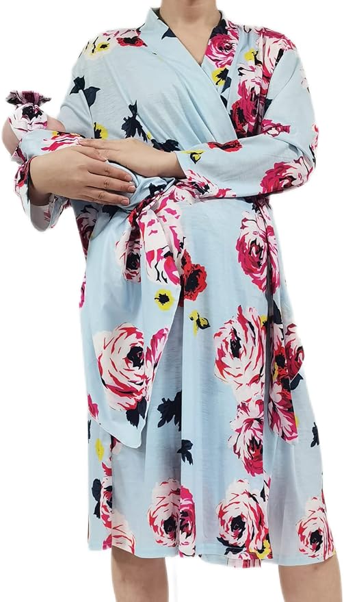 SUFEINI Maternity Robe and Matching Baby Swaddle Blanket Set, Mommy Robe by SUFEINI