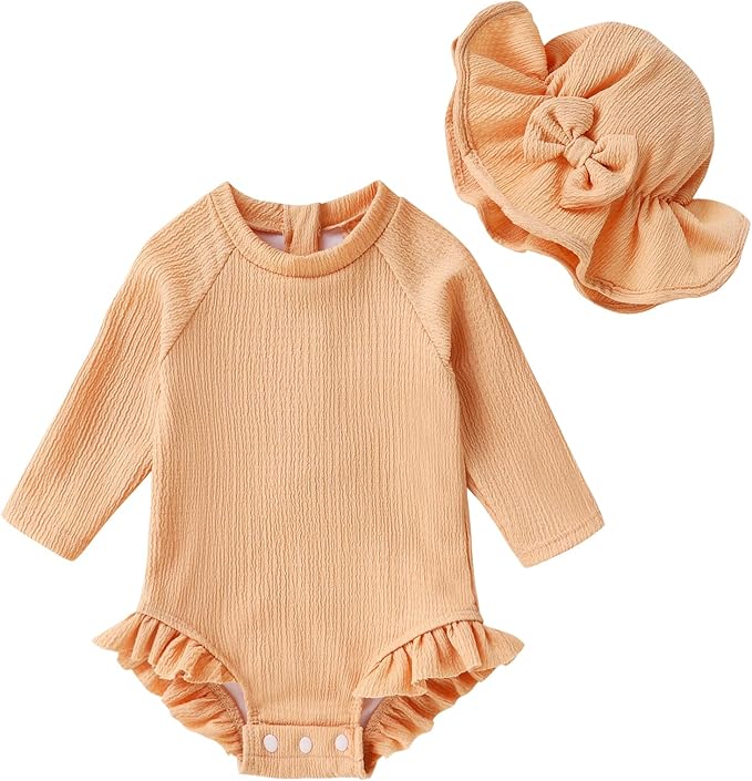YOUNGER TREE Infant Baby Girls Swimsuit Long Sleeve Swimsuits One Piece Swimsuit Solid Color Bathing Suit with Hat, UPF 50+