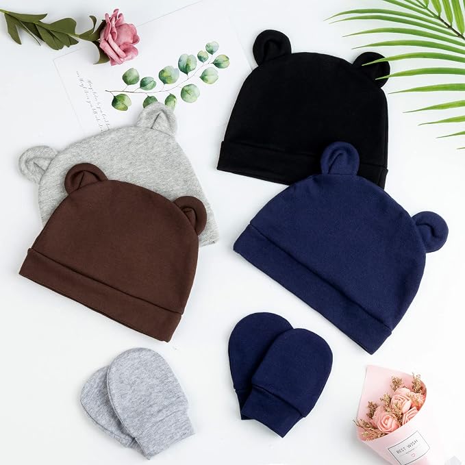BQUBO Newborn Baby Bear Ears Hats and Mittens Sets Preemie Cotton Caps Baby Boy - Image 6