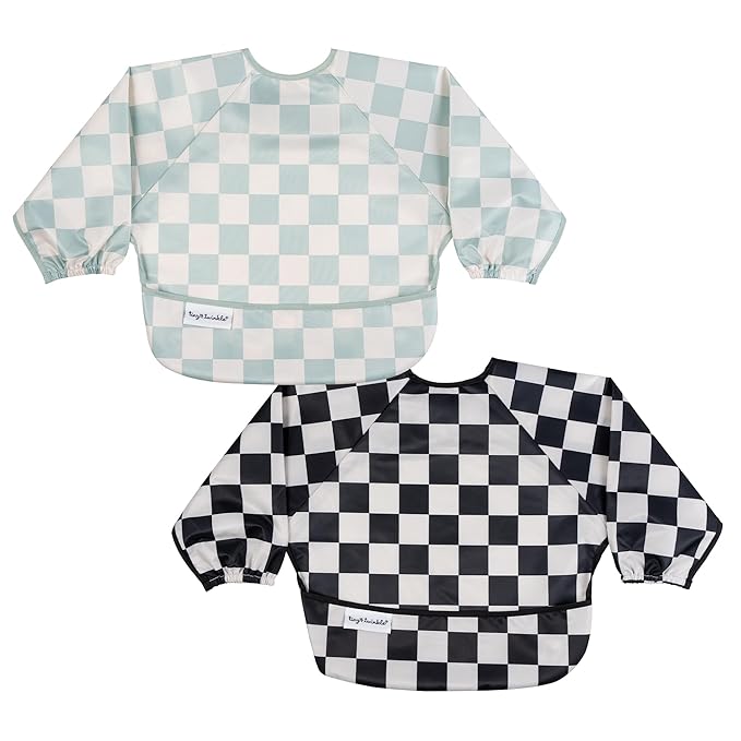 Tiny Twinkle Long Sleeve Bib for Babies & Toddlers – 2 Pack Waterproof Smock Bibs for Eating – Machine Washable & Mess-Proof, Baby Feeding Essential & Shower Must-Have (Black,Sage Checkers, 6-24M)