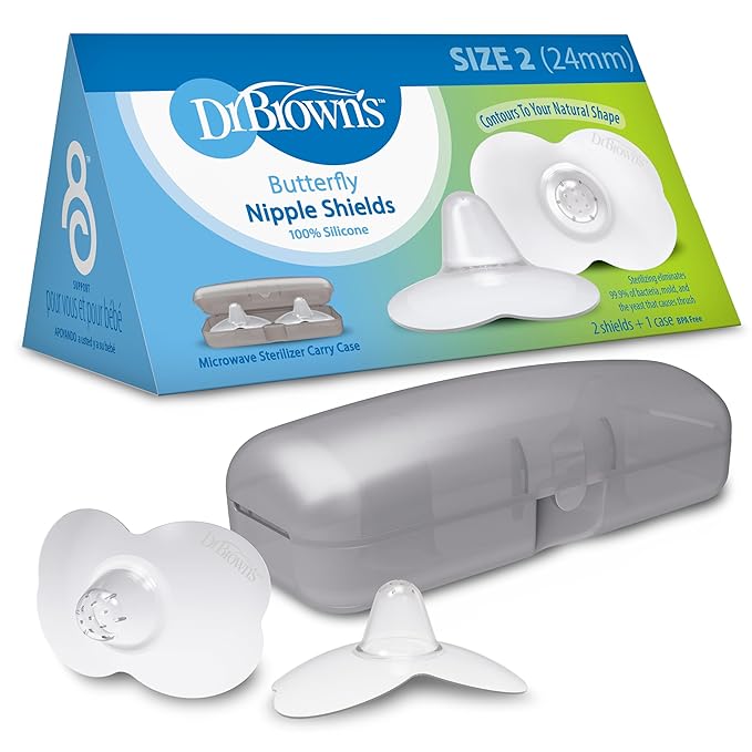 Dr. Brown's Butterfly Breastfeeding Nipple Shields for Protecting Sore, Flat or Inverted Nipples, Essential for Latching Difficulties with Microwave Sterilizer Carrying Case, 24mm