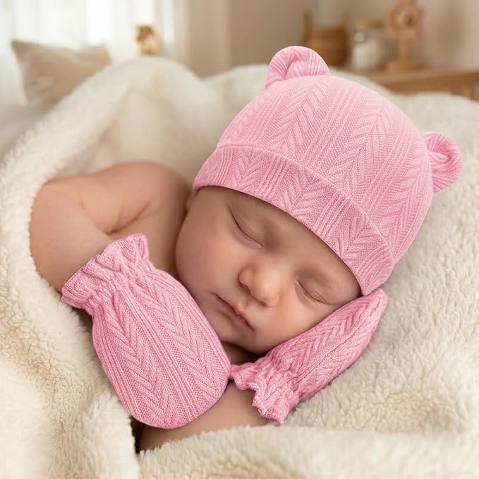 BQUBO Newborn Baby Hats Bear Ears and Mittens Sets Preemie Caps Baby Boy Girl - Image 4