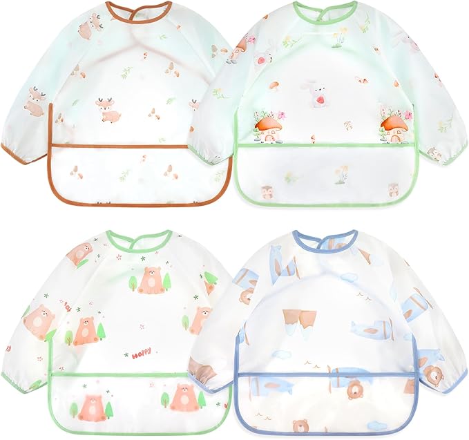 Accmor 4 Pack Long Sleeve Bibs, Baby Smock Waterproof Full Sleeved Bib by Accmor