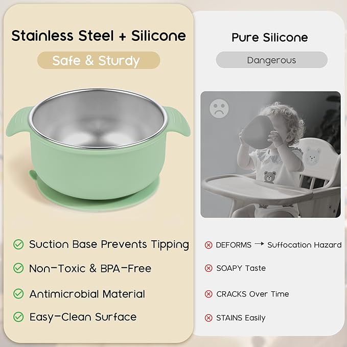 Bella's Friends Stainless Steel and Silicone Baby Bowls with Suction 3 Pack, 4.3” for Toddlers Kids Feeding, Non-Slip, Non-Toxic, Mess-Free, Dishwasher Safe, Fit High Chair Size, blue dark blue gray