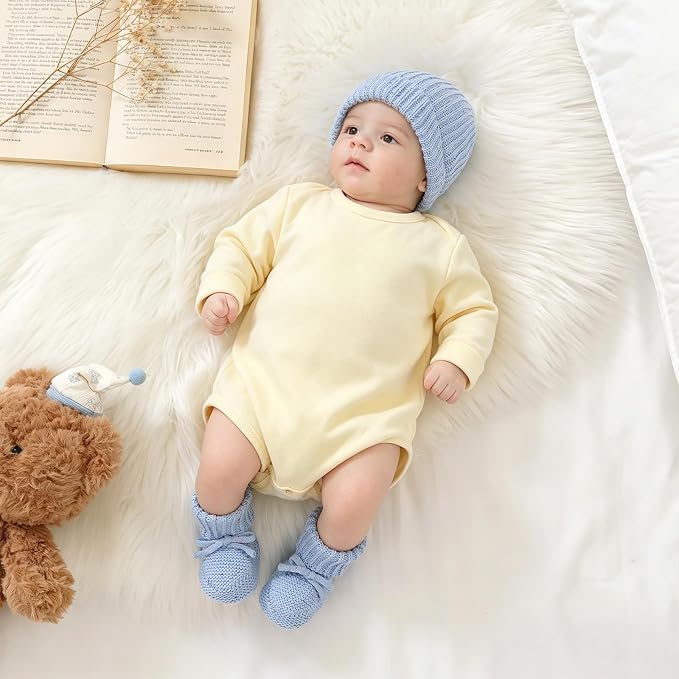 LAWKUL Baby Beanie and Booties 2-Piece Set | Newborn, Knit Hat, Cotton Sock - Image 2