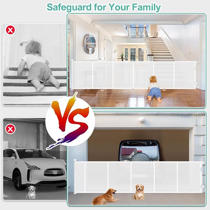 Upgrade 150 inch Retractable Baby Gates, EZIGO Extra Wide Baby Gate for Large Opening Extra Long Mesh Gate for Kids or Pet Dog Gate Child Safety Gate for Stairs Hallways Doorway Indoor Outdoor, White