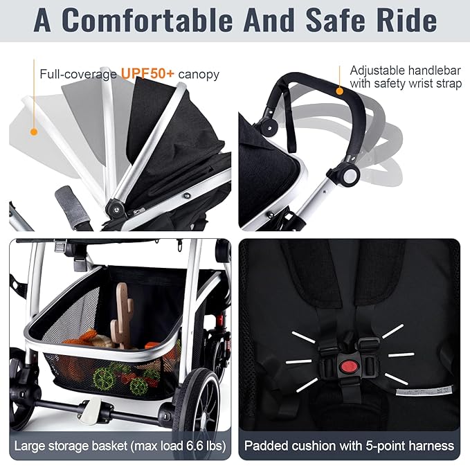 Baby Stroller, 2-in-1 Reversible Toddler Seat with Bassinet Mode, Foldable Infant Stroller with Canopy, One Button Brake, Adjustable Handle, Newborn Pushchair(Black)