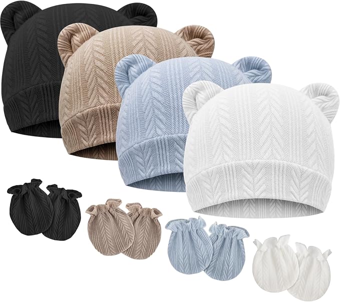 BQUBO Newborn Baby Hats Bear Ears and Mittens Sets Preemie Caps Baby Boy Girl by DRESHOW