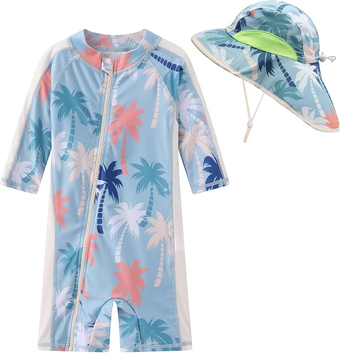Toddler Baby Boys Swimsuit Rashguard One Piece Zipper Bathing Suit with Sun Hat Infant Swimwear Sunsuit UPF 50+