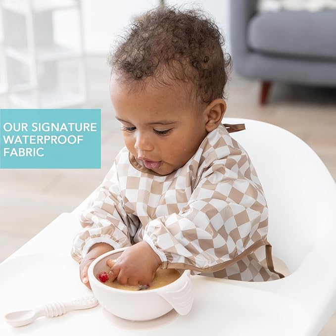 Bumkins Sleeved Bib for Girl or Boy, Baby and Toddler for 6-24 Mos, Essential Must Have for Eating, Feeding, Baby Led Weaning Supplies, Long Sleeve Mess Saving Food Catcher, Soft Fabric, Beige Check