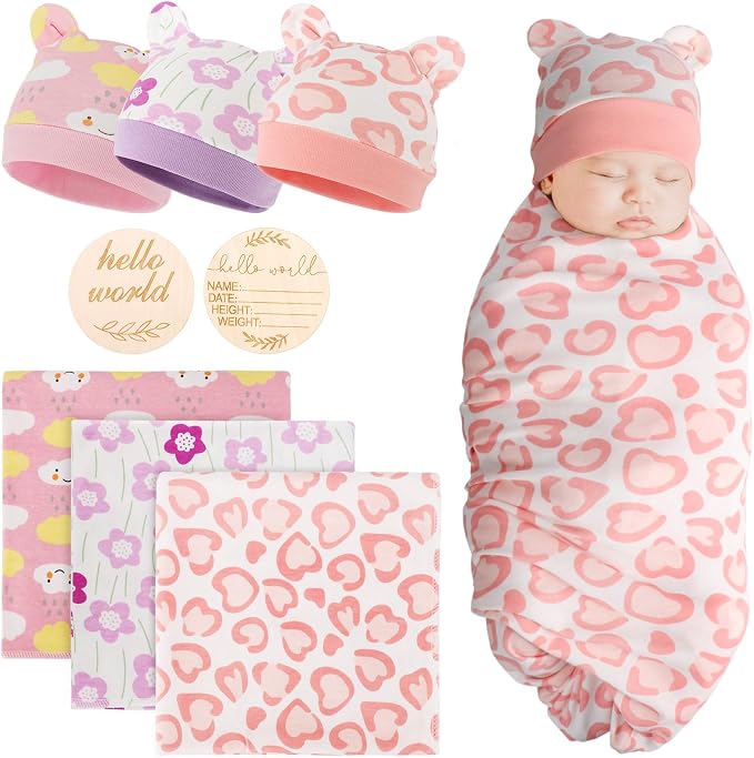 DRESHOW BQUBO Cotton Baby Swaddle Hat Set Newborn Infant Receiving Blankets by DRESHOW
