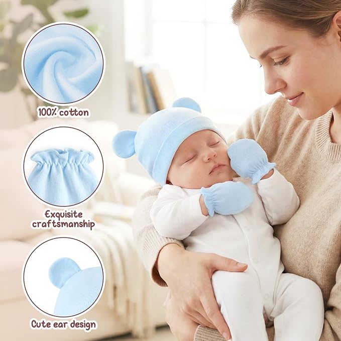 Newborn Baby Hats and Mittens Set, Cotton Infant Baby Boy Girl Bear Ears Caps - Image 3