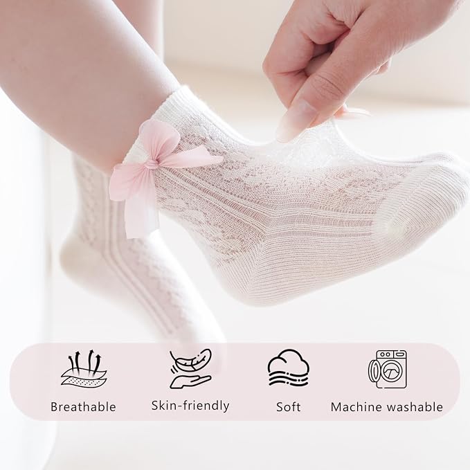 Baby Girls Socks with Bow Infant Breathable Mesh Ruffle Lace Sock - Image 4