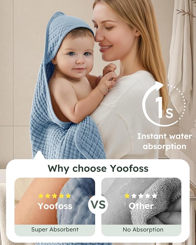 Yoofoss Hooded Baby Bath Towels 2 Pack 100% Muslin Organic Cotton - Image 3