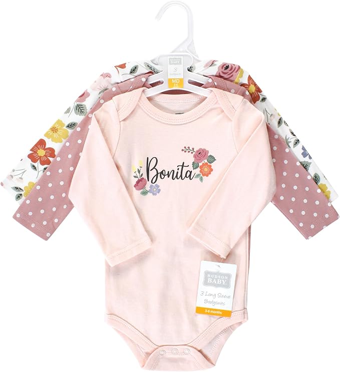 Hudson Baby Baby Girls' Cotton Long-sleeve Bodysuits 3-pack - Image 2