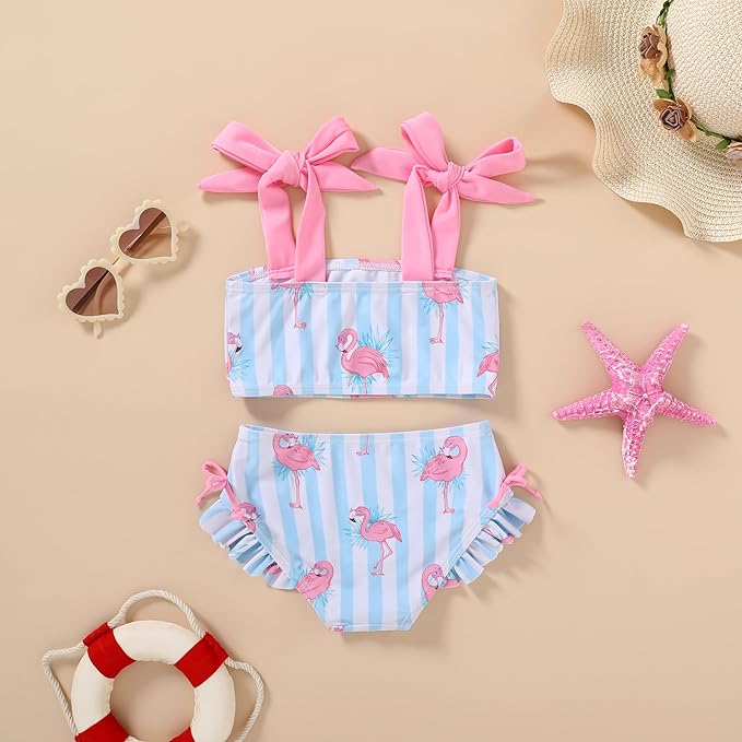 Toddler Swimsuit Girl Color Block Stripe Swimwear Baby Girl Summer Beach Bathing Suits Bikini Set with Ruffled Edges